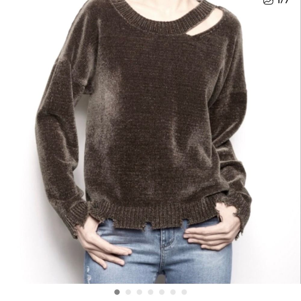 Generation Love Distressed Chenille Sweater Dark Olive